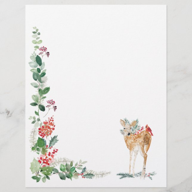 Greenery Foliage Red Berry Fawn Letterhead Briefbogen (Vorderseite)