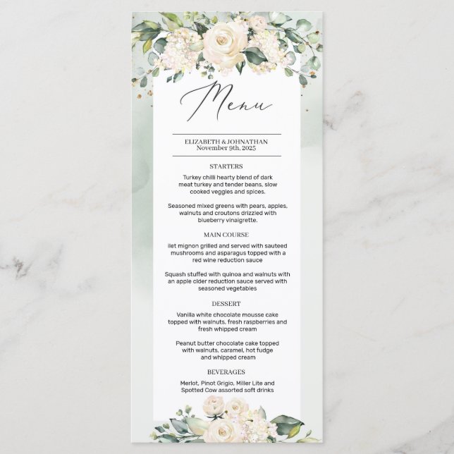 Greenery Foliage White Roses Boho Wedding Menu Menükarte (Vorderseite)