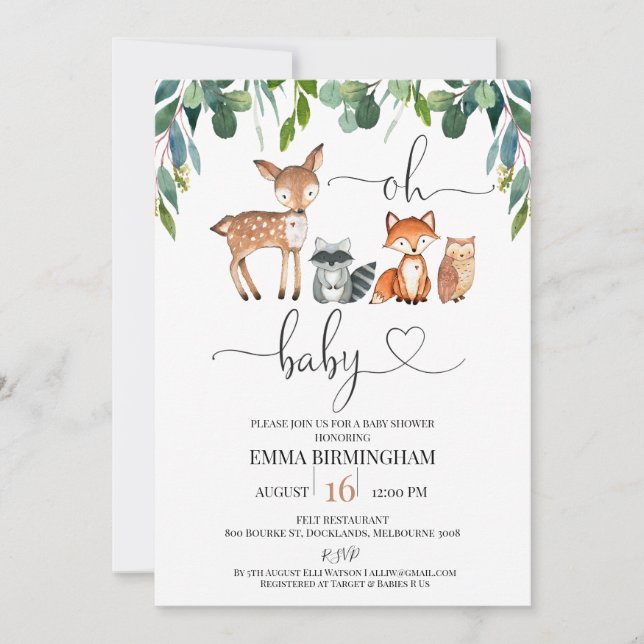 Greenery Foliage Woodland Oh Baby Shower Einladung (Vorderseite)