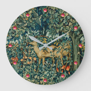 GREENERY,FOREST ANIMALS, DOES ,BIRDS Floral  Große Wanduhr