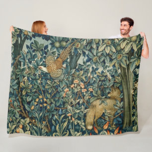 GREENERY,FOREST ANIMALS Pheasant ,Fox,Green Floral Fleecedecke