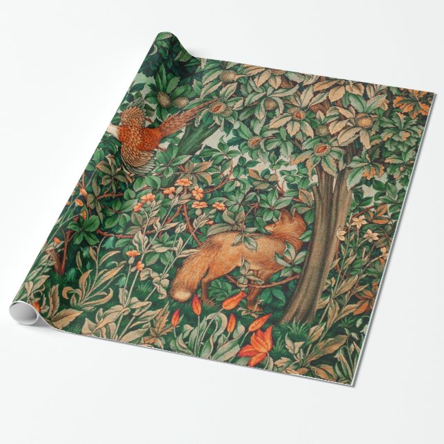 GREENERY,FOREST ANIMALS Pheasant ,Fox,Green Floral Geschenkpapier (Ungerollt)