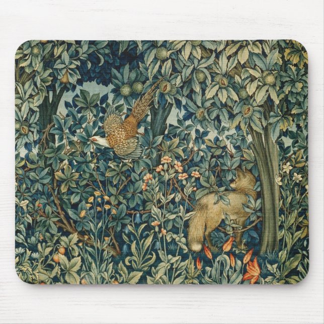 GREENERY,FOREST ANIMALS Pheasant ,Fox,Green Floral Mousepad (Vorne)