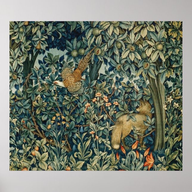 GREENERY,FOREST ANIMALS Pheasant ,Fox,Green Floral Poster (Vorne)