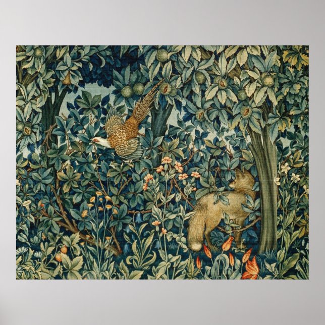 GREENERY,FOREST ANIMALS Pheasant ,Fox,Green Floral Poster (Vorne)
