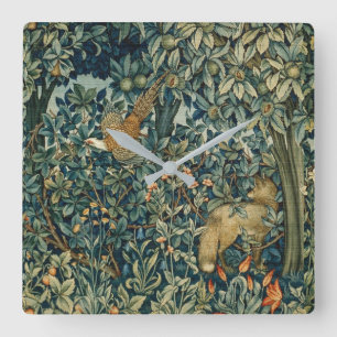 GREENERY,FOREST ANIMALS Pheasant ,Fox,Green Floral Quadratische Wanduhr