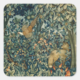 GREENERY,FOREST ANIMALS Pheasant ,Fox,Green Floral Quadratischer Aufkleber