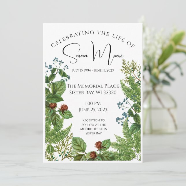 Greenery Foto Funeral Einladung (Stehend Vorderseite)