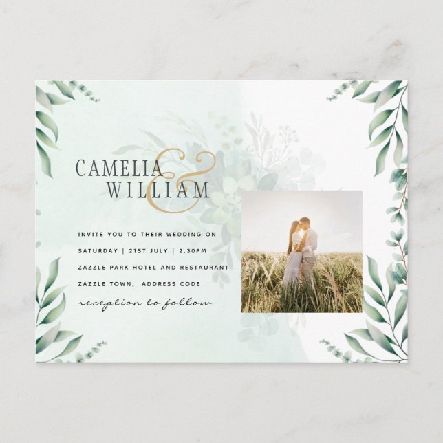 Greenery FOTO Wedding Einladung QR CODE Postkarte (Vorderseite)