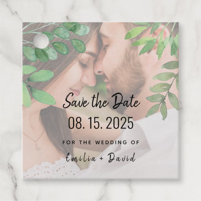 Greenery Foto Wedding Save the Date Geschenkanhänger (Vorderseite)