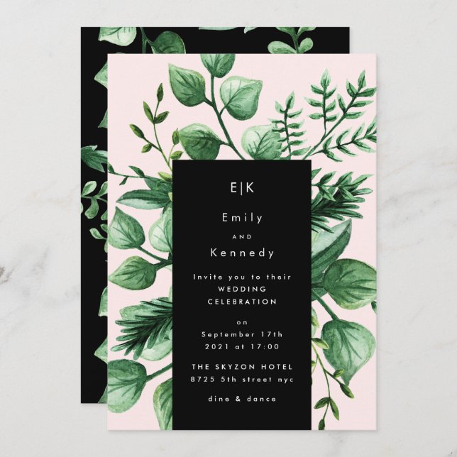 Greenery Fresh Leaf Moderne Black Pink Wedding Einladung (Vorne/Hinten)