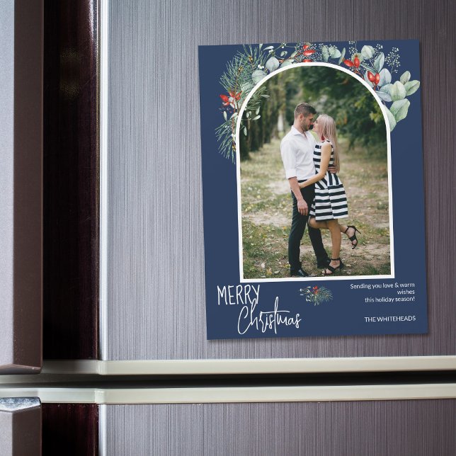 Greenery Frory Christmas Arch Foto Navy Blue Magnetkarte (You will love these beautiful Christmas cards! They feature botanical watercolor pine and berries.)