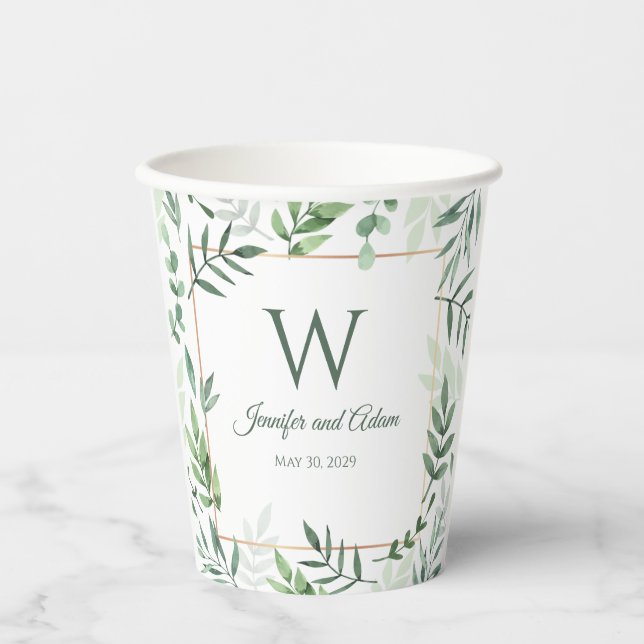 Greenery Garden Initial Wedding Paper Teller Pappbecher (Vorderseite)