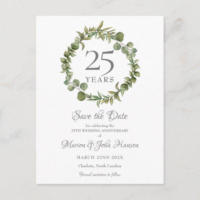 Greenery Garland 25 Jahre Save the Date Postkarte (Vorderseite)