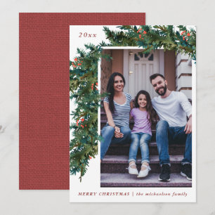 Greenery Garland Red Burlap Look Foto Holiday Feiertagskarte