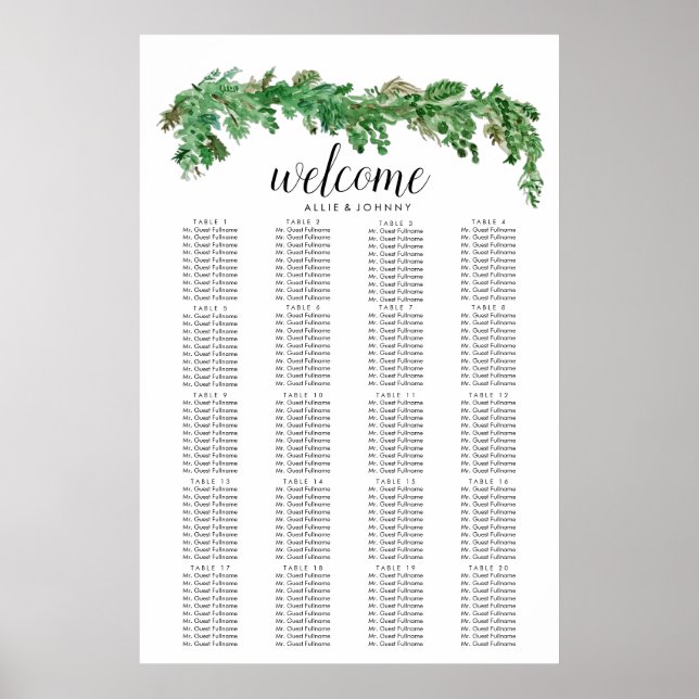 Greenery Garland Seating Chart Wedding Sign Edit Poster (Vorne)