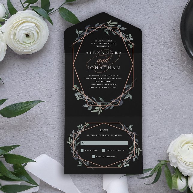 Greenery Geo Black | Rose Gold Wedding All In One Einladung (Von Creator hochgeladen)
