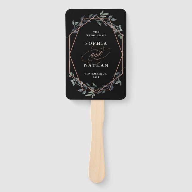 Greenery Geo Black | Rose Gold Wedding Fächer (Vorderseite)