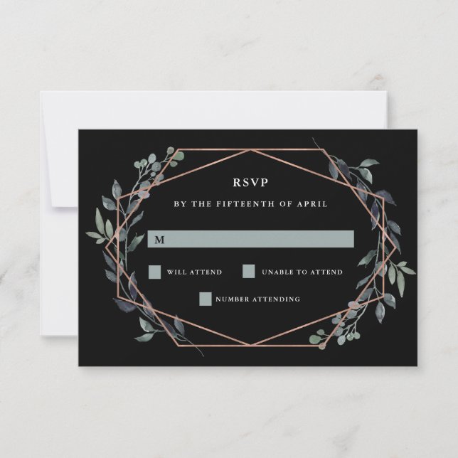 Greenery Geo Black | Rose Gold Wedding RSVP (Vorderseite)