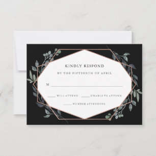 Greenery Geo Black Rose Gold Wedding RSVP Karte