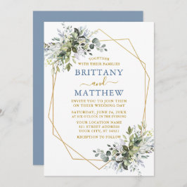 Greenery Geo Frame Wedding Dusty Blue Gold Einladung