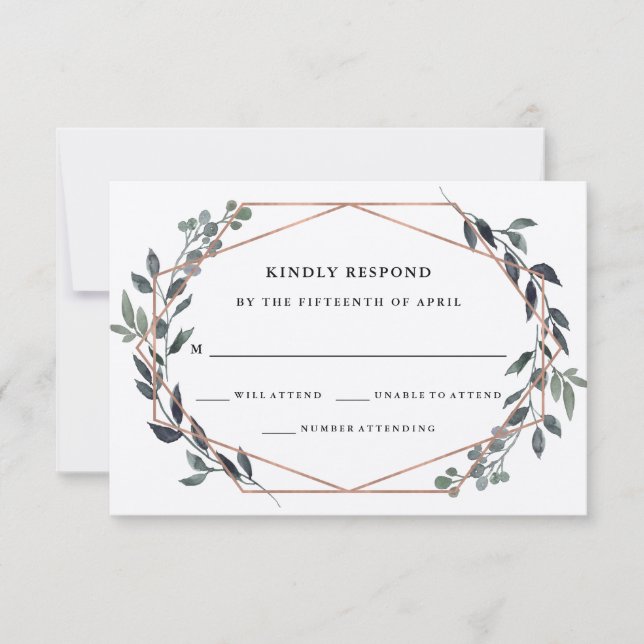 Greenery Geo Kraft | Rose Gold Wedding RSVP Karte (Vorderseite)