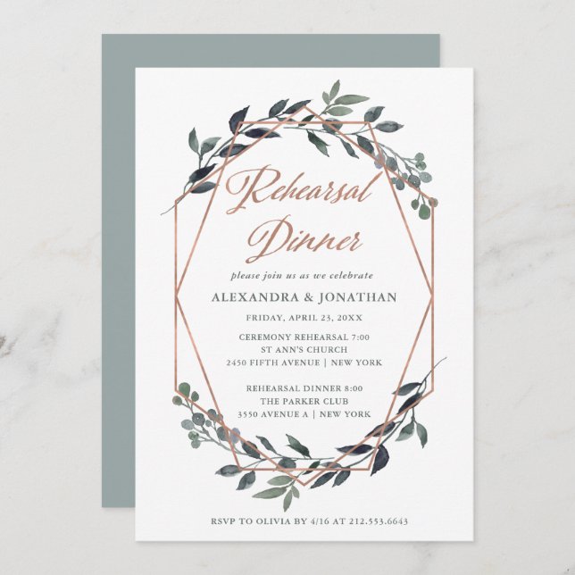 Greenery Geo | Rose Gold Probe Dinner Einladung (Vorne/Hinten)