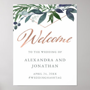 Greenery Geo   Rose Gold Script Hochzeitsempfang Poster