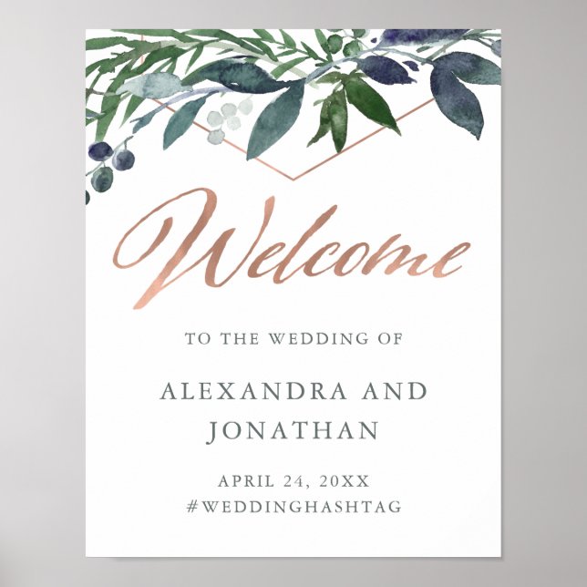 Greenery Geo | Rose Gold Script Hochzeitsempfang Poster (Vorne)