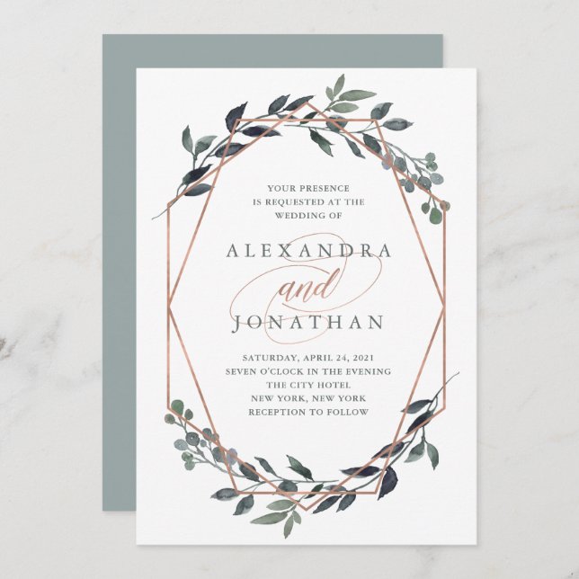 Greenery Geo | Rose Gold Wedding Einladung (Vorne/Hinten)
