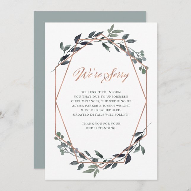 Greenery Geo | Rose Gold Wedding Stornierung Einladung (Vorne/Hinten)