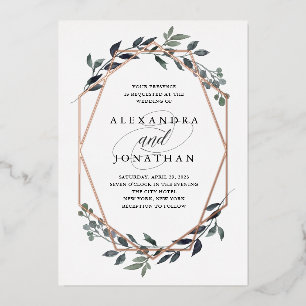 Greenery Geo Weiß Roségoldene Hochzeit Folieneinladung