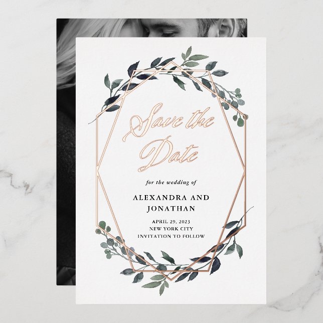 Greenery Geo White | Rose Gold Save the Date Folieneinladung (Vorderseite/Rückseite)