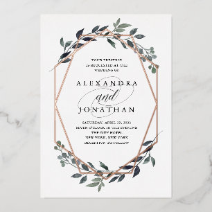 Greenery Geo White   Rose Gold Wedding Folieneinladung