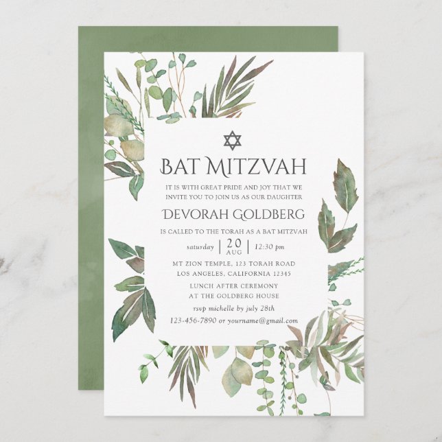 Greenery Geometric Bat Mitzvah Einladung (Vorne/Hinten)