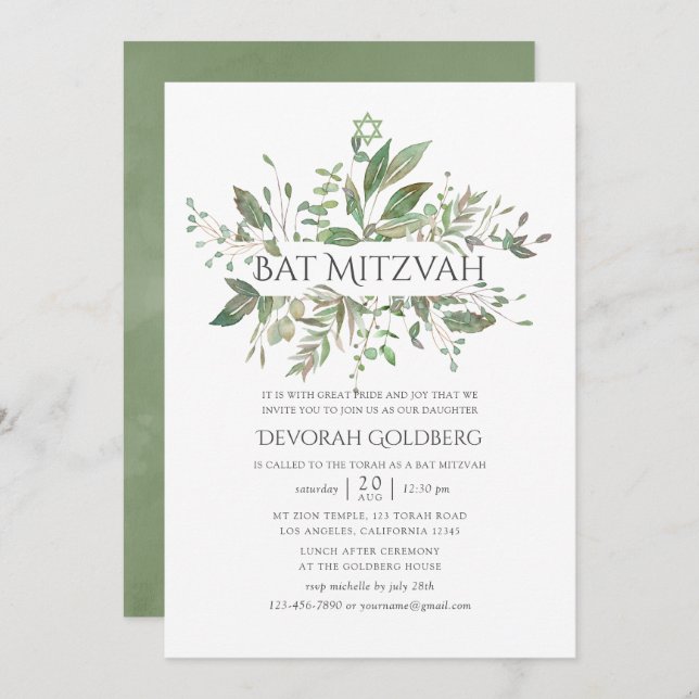Greenery Geometric Bat Mitzvah Einladung (Vorne/Hinten)