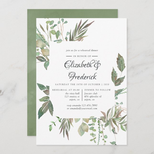 Greenery Geometric Wedding Probe Dinner Einladung (Vorne/Hinten)