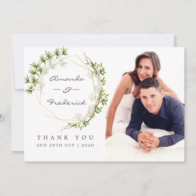Greenery Geometric Wedding Vielen Dank Foto Dankeskarte (Vorderseite)