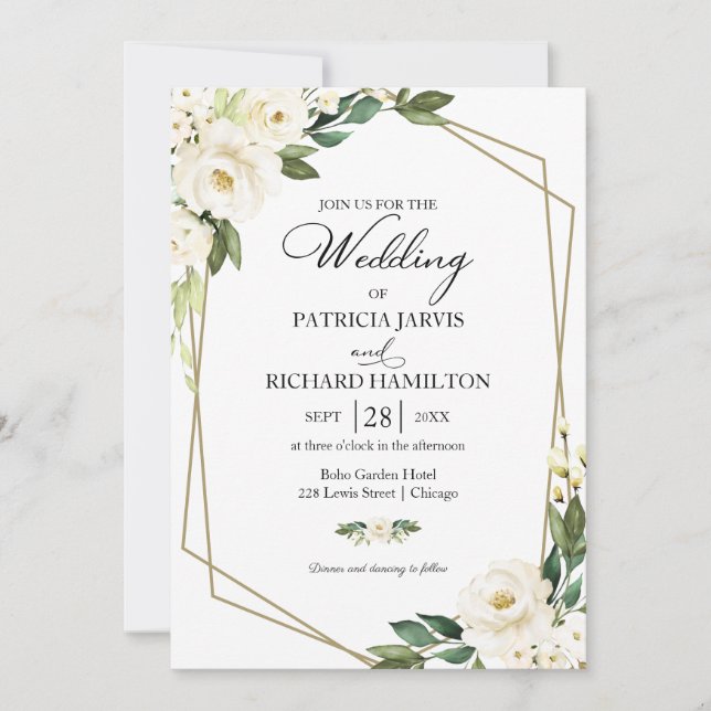 Greenery Geometric White Floral Wedding Einladung (Vorderseite)