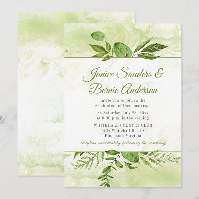Greenery Gerahmt Watercolor Splash Wedding Einladung (Vorne/Hinten)
