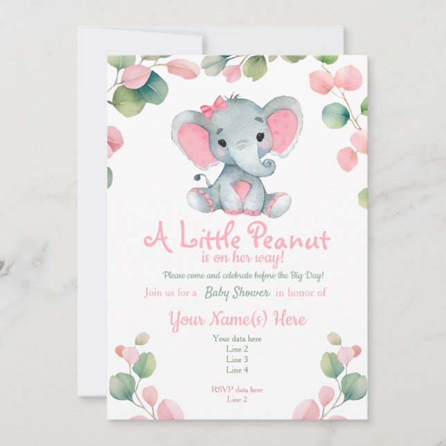 Greenery Girl Elephant Baby Shower Einladung (Vorderseite)