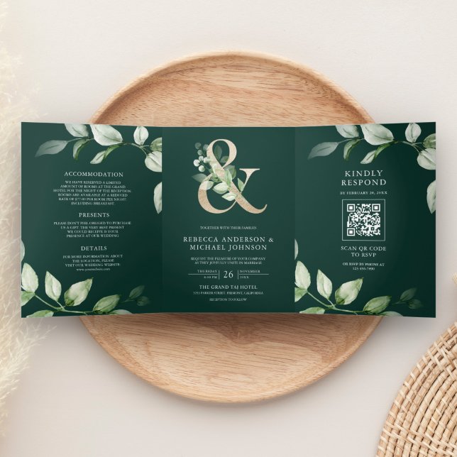 Greenery Gold Ampersand QR Code Emerald Wedding Dreifach Gefaltete Einladung (Von Creator hochgeladen)