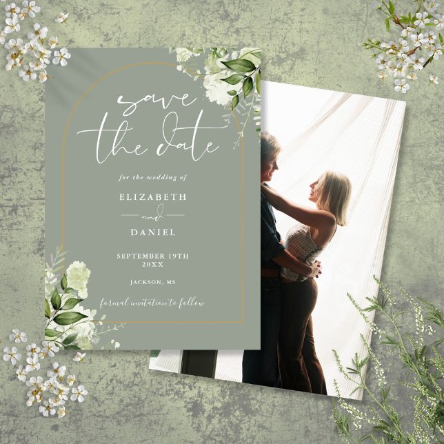 Greenery Gold Arch Foto Sage Green Wedding Save The Date (Greenery Gold Arch Photo Sage Green Wedding Save The Date)