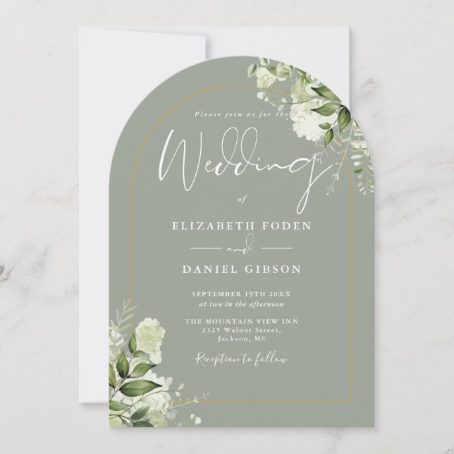 Greenery Gold Arch Monogram Sage Green Wedding Einladung (Vorderseite)