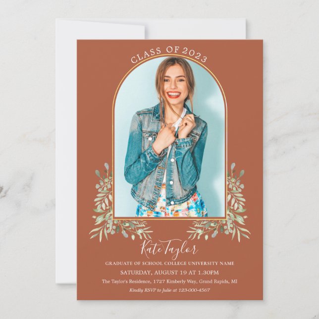 Greenery Gold Arch Terracotta Foto Abschluss Inv Einladung (Vorderseite)