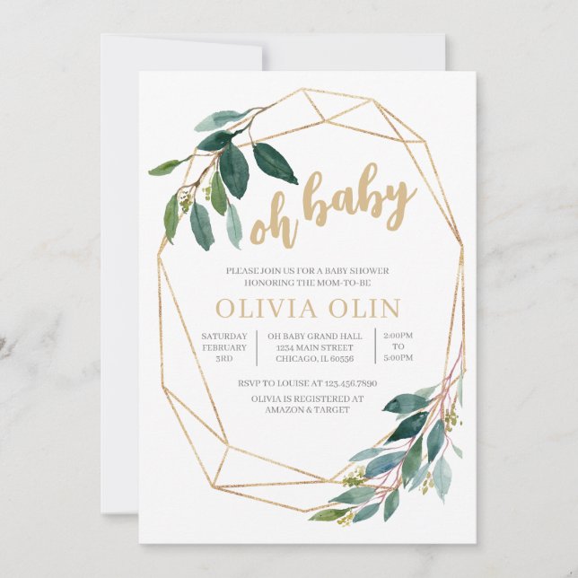 Greenery Gold Baby Shower Einladung (Vorderseite)