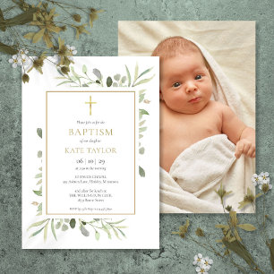 Greenery Gold Baptism Christening Foto Einladung