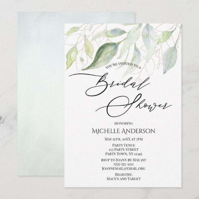 Greenery Gold Botanical Blätter Brautparty Einladung (Vorne/Hinten)