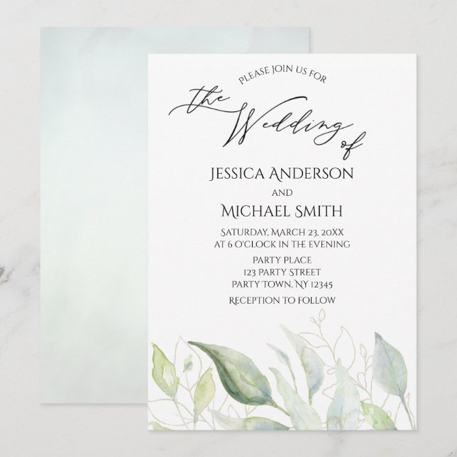 Greenery Gold Botanical Blätter Wedding Card Einladung (Vorne/Hinten)