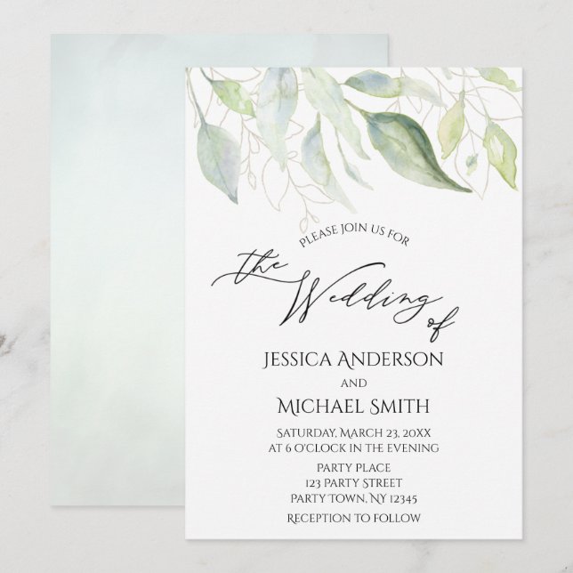 Greenery Gold Botanical Blätter Wedding Card Einladung (Vorne/Hinten)